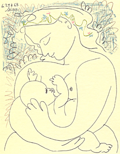 Egy rajz, melyen egy anya tartja a gyermekét szoptatás közben